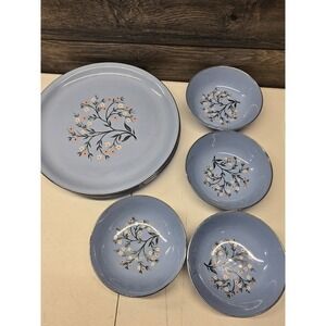 Homer Laughlin Skytone Blue Floral Dinnerware Set 4 Plates 4 Bowls Vintage MCM